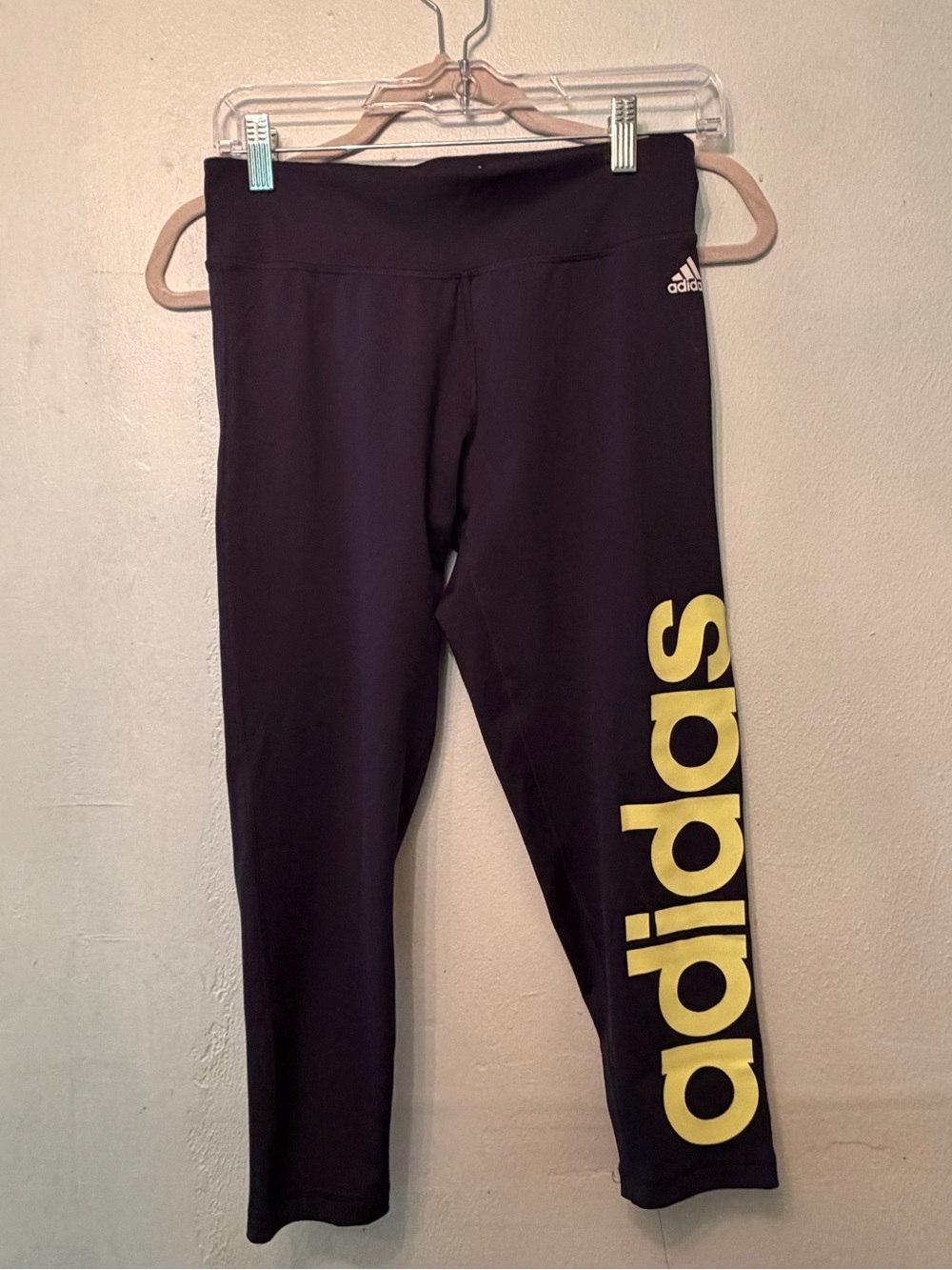 Adidas Navy Capri Athletic Leggings with Yellow Side Logo - Picture 3 of 5